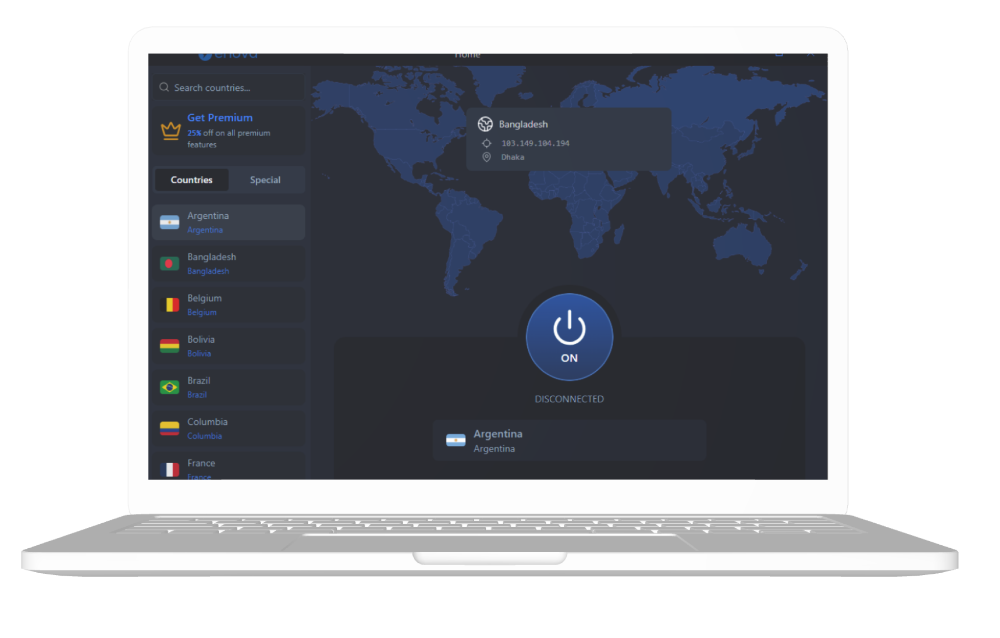 TangoVPN application shown on a laptop with server locations and connection controls