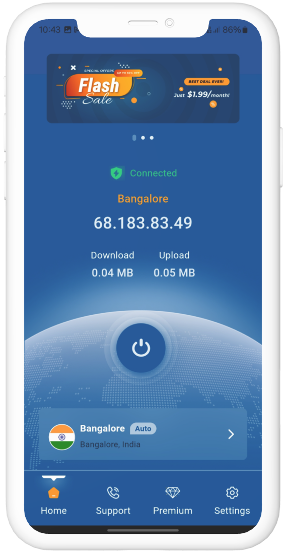 TangoVPN mobile app showing a secure connection